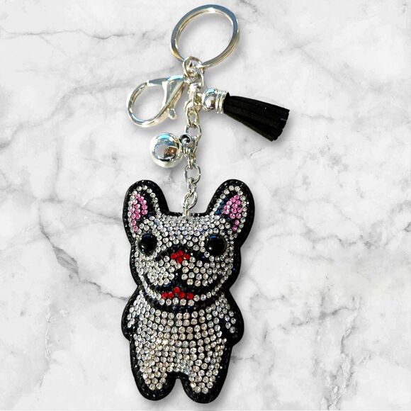 Sparkling Cartoon French Bulldog Badge Charm Keychain with Rhinestones and Tasse - Picture 4 of 5